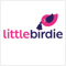 LittleBirdie logo. a small pink bird holding a bell sits on top of the word 'littlebirdie'. little is in pink and birdie is in purple.