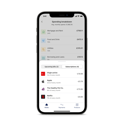 Bud Engage highlights your customers spending so they can better understand where their money goes. A phone shows a UI with different transactions on
