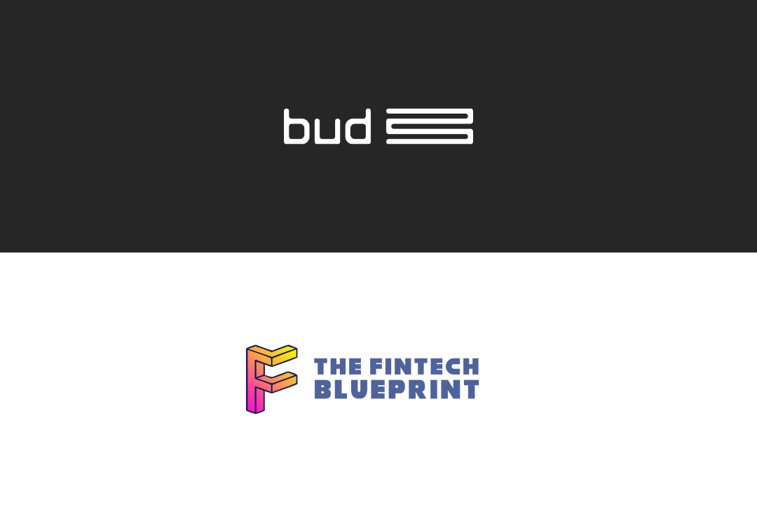 bud logo on black background and the fintech blueprint logo on white background
